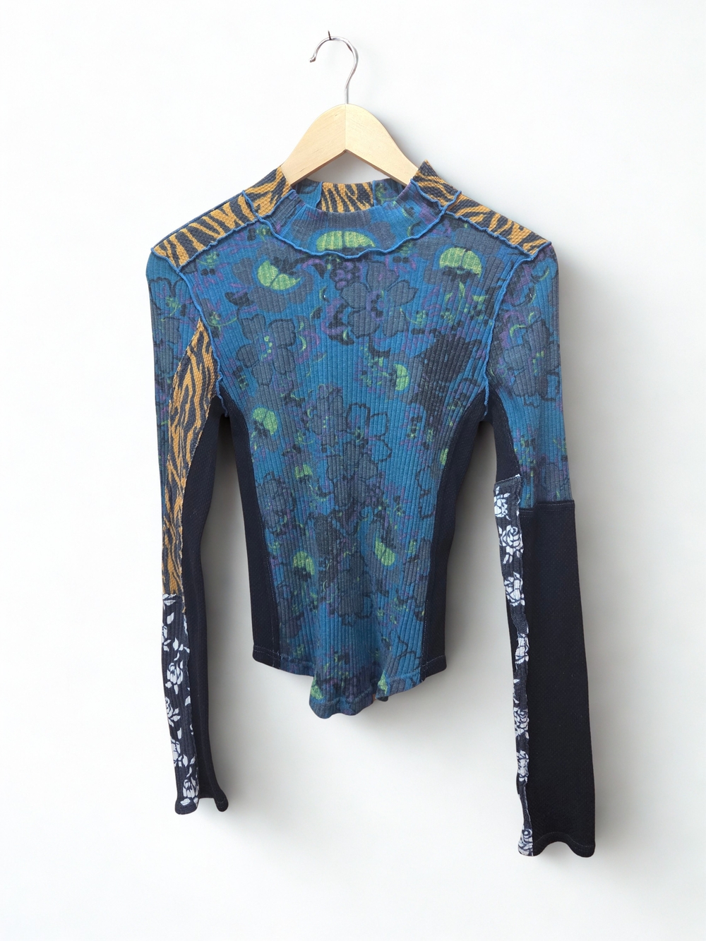 Free People Blue Mixed-Print Long Sleeve Ribbed Top